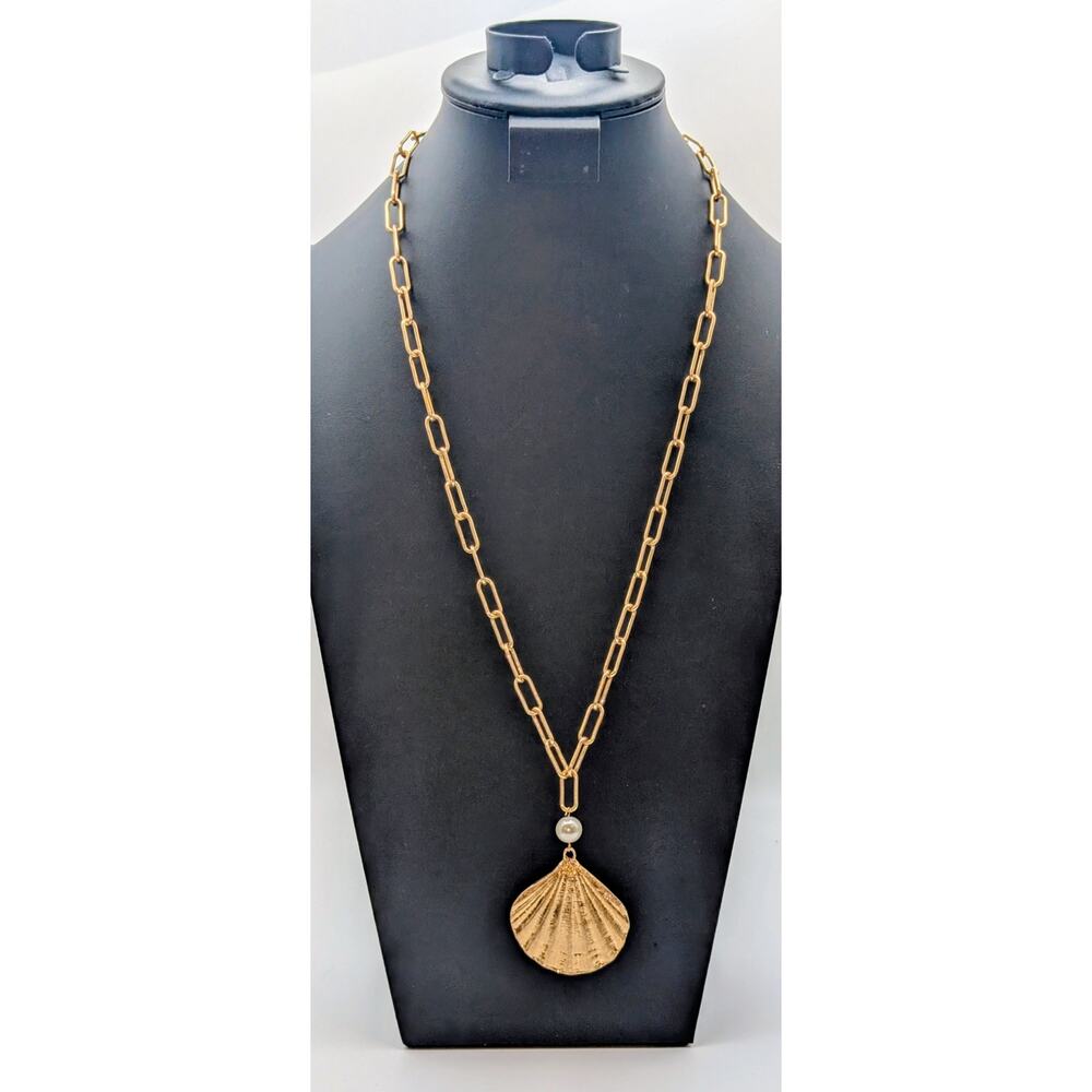 Gold Tone Clam Shell Faux Pearl Paper Clip Long Chain 28.25"-31.25" Necklace